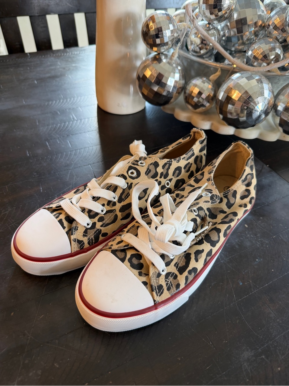 Leopard Print Canvas Lace-Up Sneakers - Tan/Black